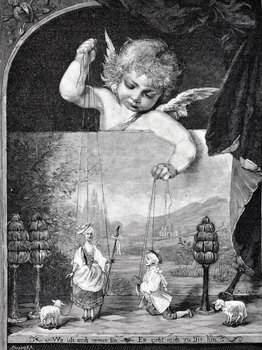 Framed Print : On Cupids thread: angel holds doll figures
