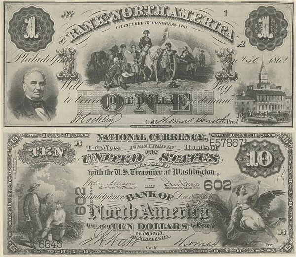 Currency. One dollar and ten dollar bill from the Bank of North America