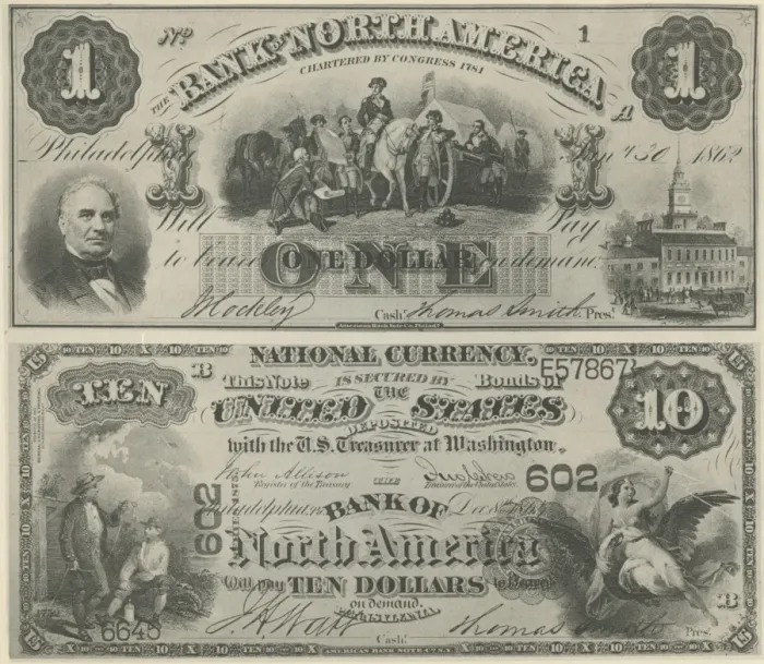 Framed Print : Currency. One dollar and ten dollar bill from the Bank of North America Framed Print : Currency. One dollar and ten dollar bill from the Bank of North America