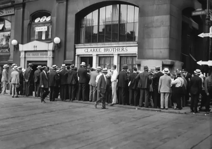 Framed Print : Customers Crowding Outside Clarke Brothers Bank Framed Print : Customers Crowding Outside Clarke Brothers Bank