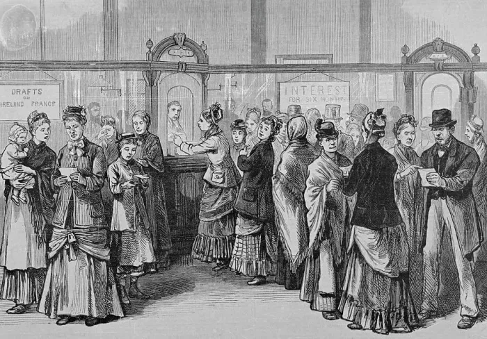 Framed Print : Customers Waiting on Line Inside Bank