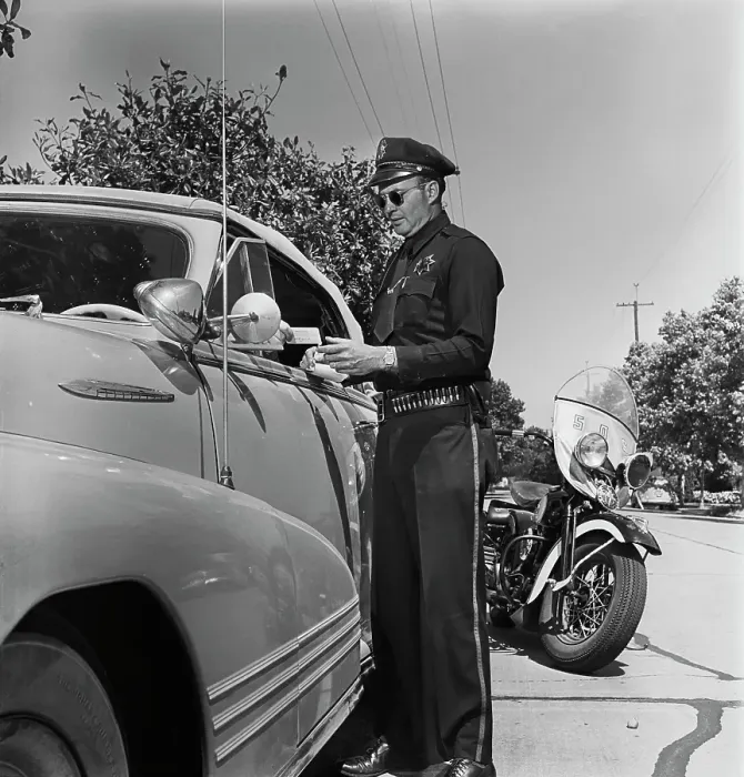Framed Print : Cycle Cop. A motorcycle policeman checking the driving licence of a man Framed Print : Cycle Cop. A motorcycle policeman checking the driving licence of a man