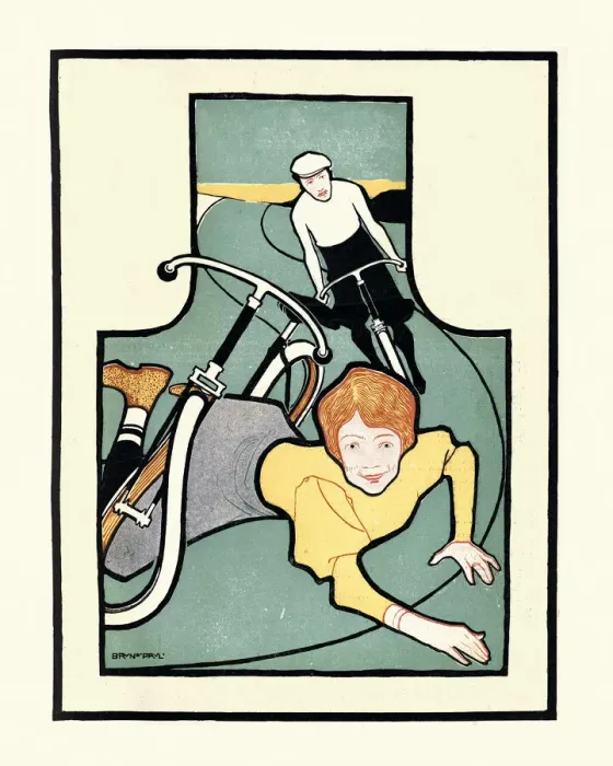 Framed Print : Cycling man and woman, falling off bicycle, 19th Century, Jugendstil, Art nouveau
