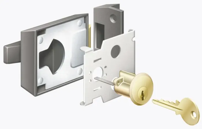 Framed Print : Cylinder lock and key, exploded view Framed Print : Cylinder lock and key, exploded view