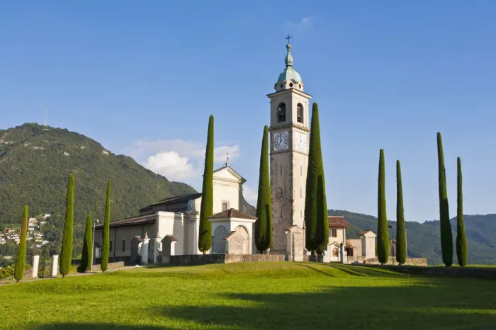 Framed Print : Cypress -Cupressus- trees, Church of Sant Abbondio in Gentilino, near Montagnola, Lugano, Ticino, Switzerland, Europe Framed Print : Cypress -Cupressus- trees, Church of Sant Abbondio in Gentilino, near Montagnola, Lugano, Ticino, Switzerland, Europe