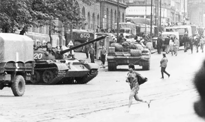 Framed Print : Czech Girl Runs From Tank In Street Framed Print : Czech Girl Runs From Tank In Street