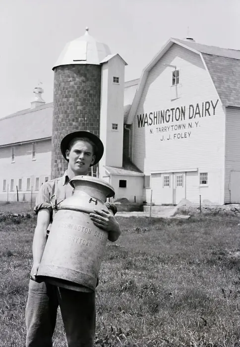 Framed Print : Dairy Barn Farm With Man Carrying Milk Framed Print : Dairy Barn Farm With Man Carrying Milk