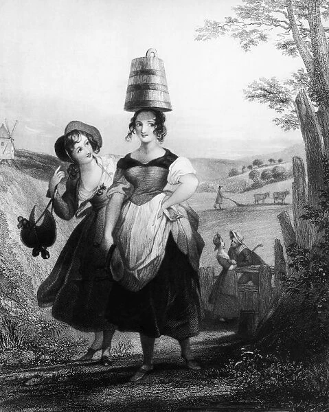 Dairymaid. A dairymaid carries a milk pail on her head on a country lane, circa 1800