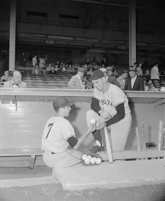 Framed Print : Dale Long Giving a Baseball to Eddie O'Brien Framed Print : Dale Long Giving a Baseball to Eddie O'Brien