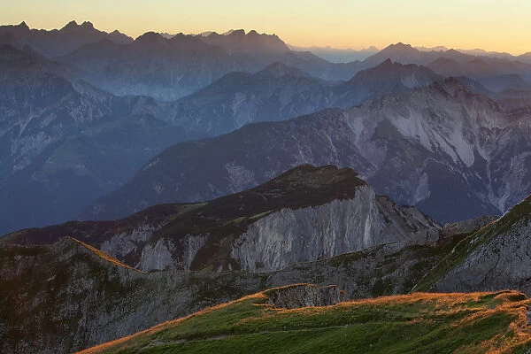 Dalfazer Joch, ridge of Hochiss Mountain in Rofan, Maurach, Tyrol, Austria