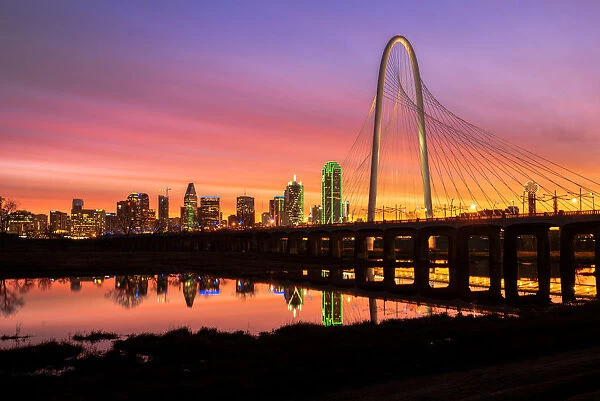 Dallas Skyline - Sunrise with Margaret Hunt Hill Bridge - Dallas, Texas, Texas