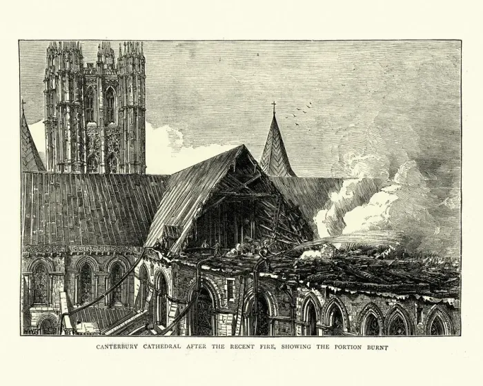 Framed Print : Damaged caused by a fire at Canterbury Cathedral, 19th Century Framed Print : Damaged caused by a fire at Canterbury Cathedral, 19th Century