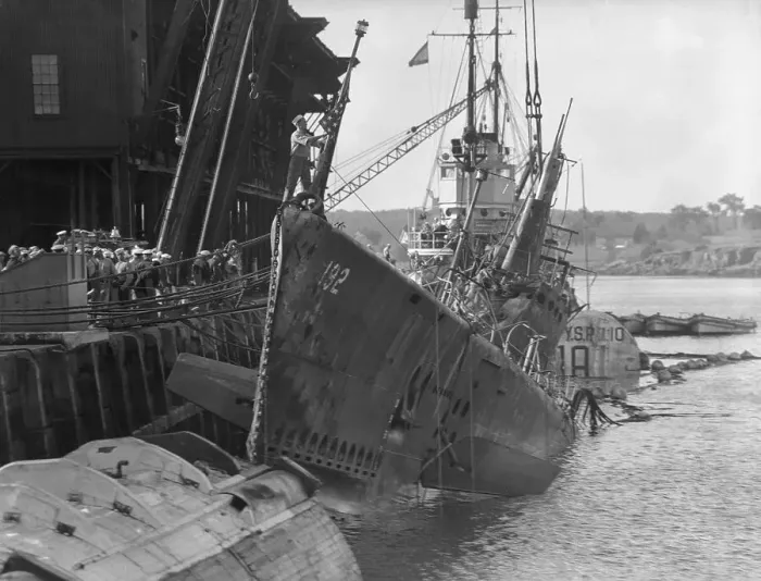 Framed Print : Damaged Navy Submarine Squalus at Dock Framed Print : Damaged Navy Submarine Squalus at Dock