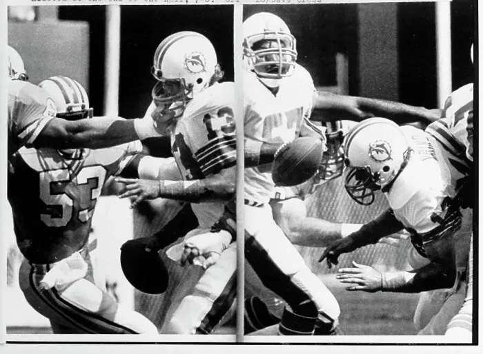 Framed Print : Dan Marino has Face Mask Pulled and Drops Ball During Game