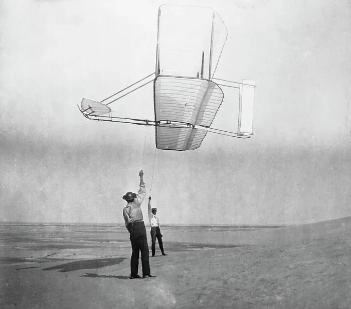 Framed Print : Dan Tate and Wilbur Wright Flying Glider Like a Kite Framed Print : Dan Tate and Wilbur Wright Flying Glider Like a Kite