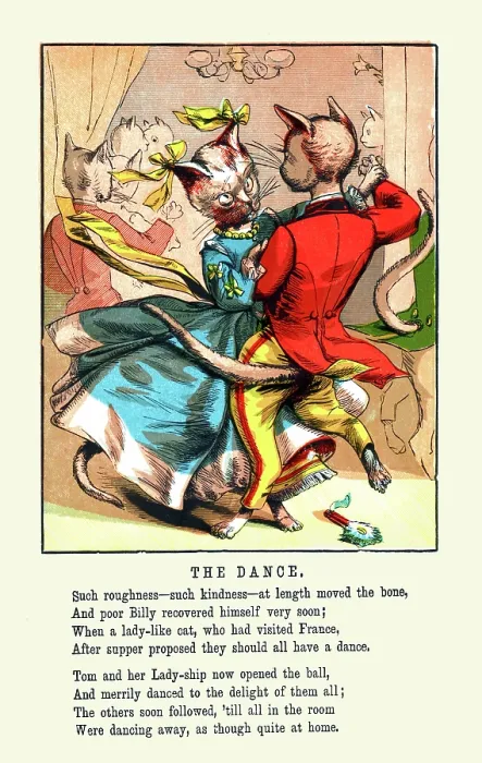 Framed Print : The Dance. Illustrated page from the book 'The cats party' from 1869 by McLoughlin Bros Framed Print : The Dance. Illustrated page from the book 'The cats party' from 1869 by McLoughlin Bros
