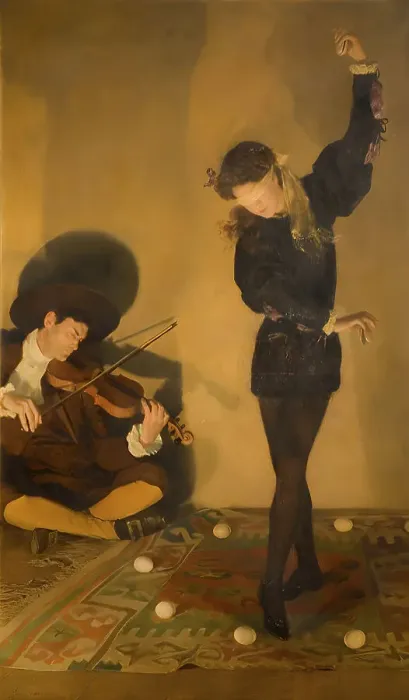Framed Print : A dancer dances to the sounds of a violinist between eggs in a warmly lit, retro atmosphere Framed Print : A dancer dances to the sounds of a violinist between eggs in a warmly lit, retro atmosphere