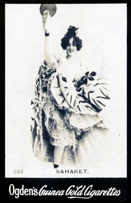 Framed Print : Dancer Saharet in Full Kick on Ogden's Cigarette Card, circa 1894-1907 Framed Print : Dancer Saharet in Full Kick on Ogden's Cigarette Card, circa 1894-1907