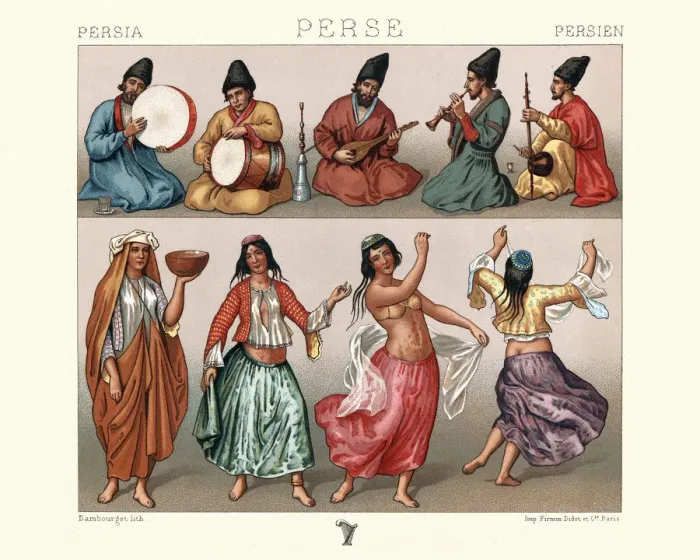 Framed Print : Dancing women and musicians, Traditional costumes of Persia, 19th Century Framed Print : Dancing women and musicians, Traditional costumes of Persia, 19th Century