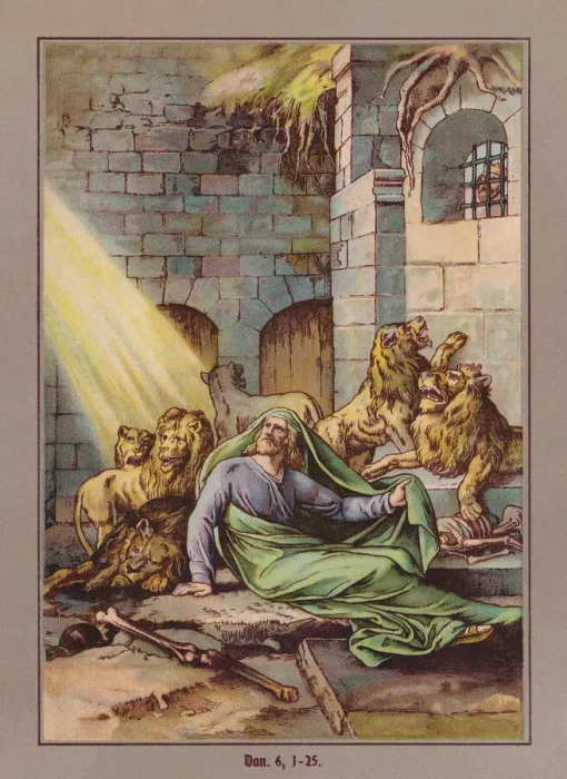 Framed Print : Daniel in the lions den, chromolithograph, published ca. 1880 Framed Print : Daniel in the lions den, chromolithograph, published ca. 1880