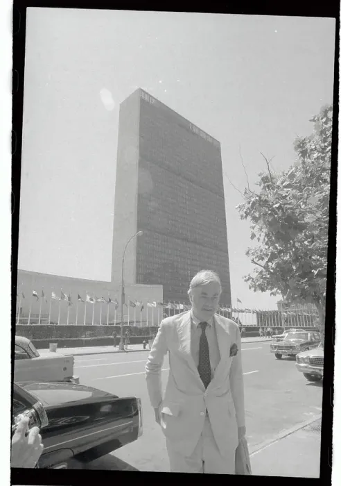 Framed Print : Daniel Moynihan Standing in Street Outside United Nations Building Framed Print : Daniel Moynihan Standing in Street Outside United Nations Building