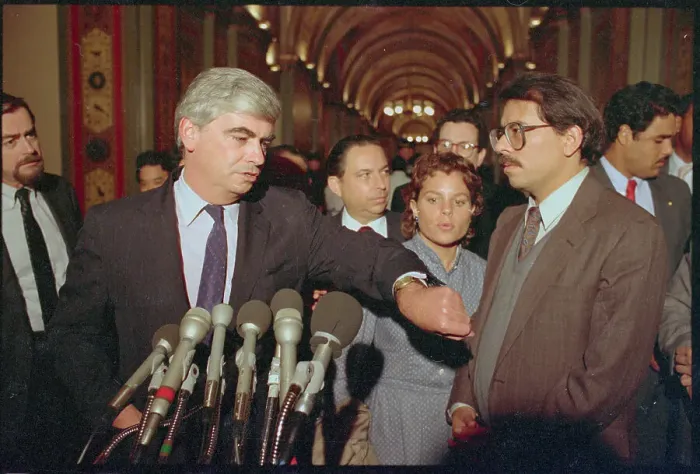 Framed Print : Daniel Ortega and Christopher Dodd at Press Conference Framed Print : Daniel Ortega and Christopher Dodd at Press Conference