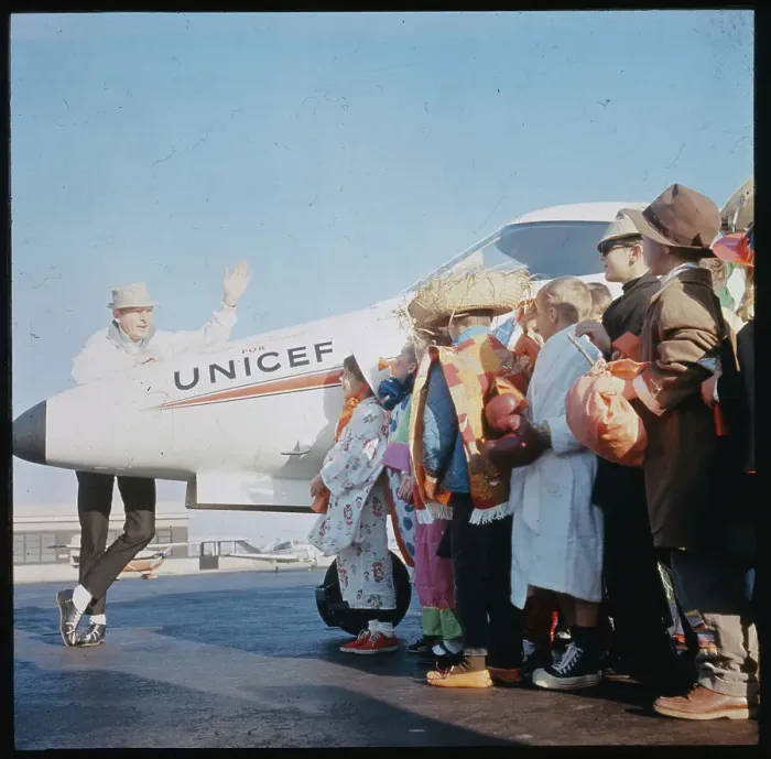 Framed Print : Danny Kaye Waving to Children in Costumes Framed Print : Danny Kaye Waving to Children in Costumes