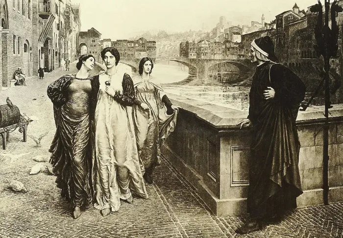 Framed Print : Dante & Beatrice Meet Along The Arno Framed Print : Dante & Beatrice Meet Along The Arno
