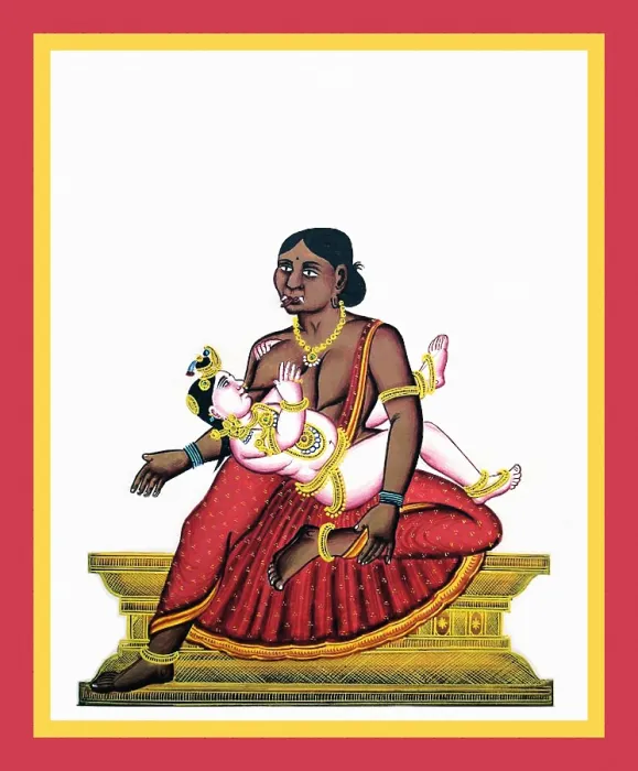 Framed Print : Dark-hued Butaki nursing Krishna Framed Print : Dark-hued Butaki nursing Krishna