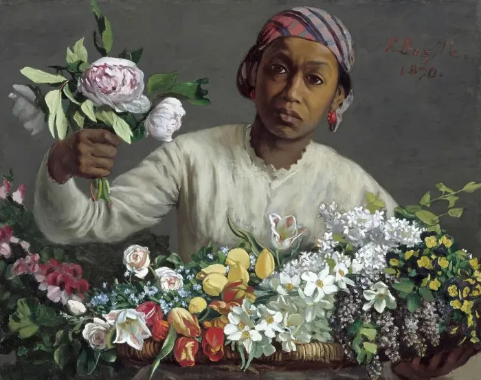 Framed Print : Dark-skinned woman, flower seller with peonies and other flowers, stall, 1870, Painting by Frederic Bazille, France, Historic, digitally restored reproduction from an original of the period Framed Print : Dark-skinned woman, flower seller with peonies and other flowers, stall, 1870, Painting by Frederic Bazille, France, Historic, digitally restored reproduction from an original of the period