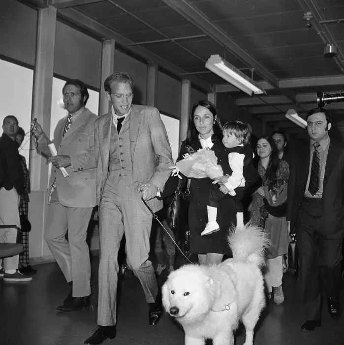 Framed Print : David Harris and Joan Baez Walk with Son
