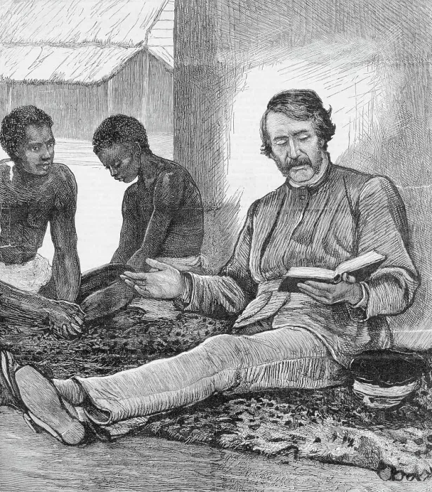 Framed Print : David Livingstone Reads Bible to Men Framed Print : David Livingstone Reads Bible to Men
