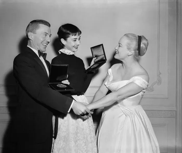 Framed Print : David Wayne, Audrey Hepburn, and Faye Emerson with Tonys Framed Print : David Wayne, Audrey Hepburn, and Faye Emerson with Tonys