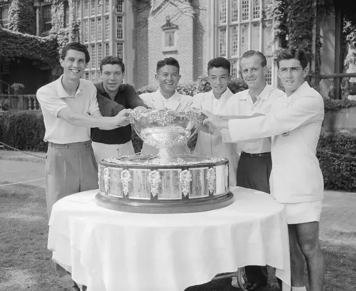 Framed Print : Davis Cup Competitors Posing with Trophy Framed Print : Davis Cup Competitors Posing with Trophy