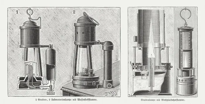 Framed Print : Davy lamps, safety in the mine, wood engravings, published 1895 Framed Print : Davy lamps, safety in the mine, wood engravings, published 1895