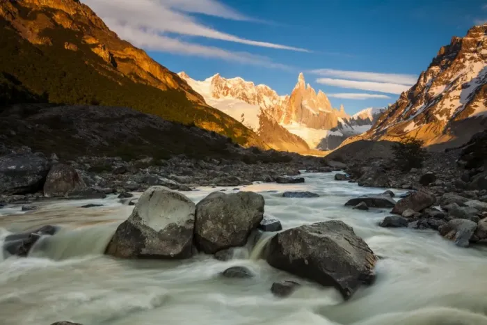 Framed Print : Dawn on the river at the mountain Cerro Torre Framed Print : Dawn on the river at the mountain Cerro Torre