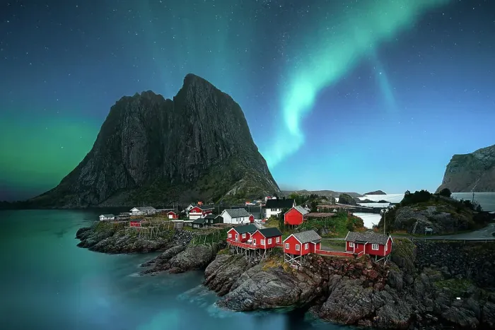 Framed Print : dawn in small viilage, Lofoten and magic northern lights in sky Framed Print : dawn in small viilage, Lofoten and magic northern lights in sky