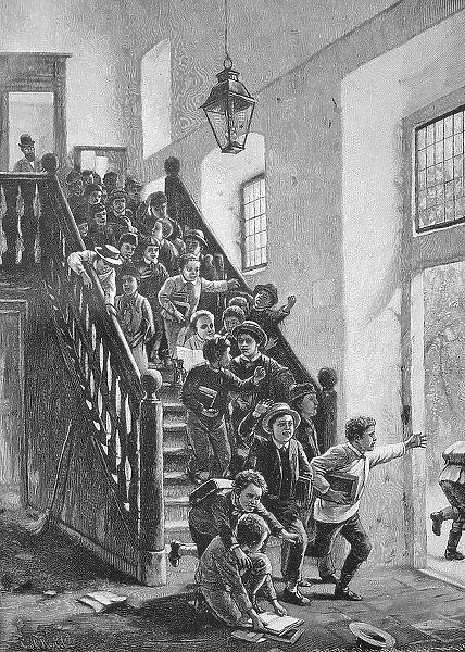 On the last day of school, the pupils leave for their holidays, 1889, Germany, Historic, digital reproduction of an original 19th century