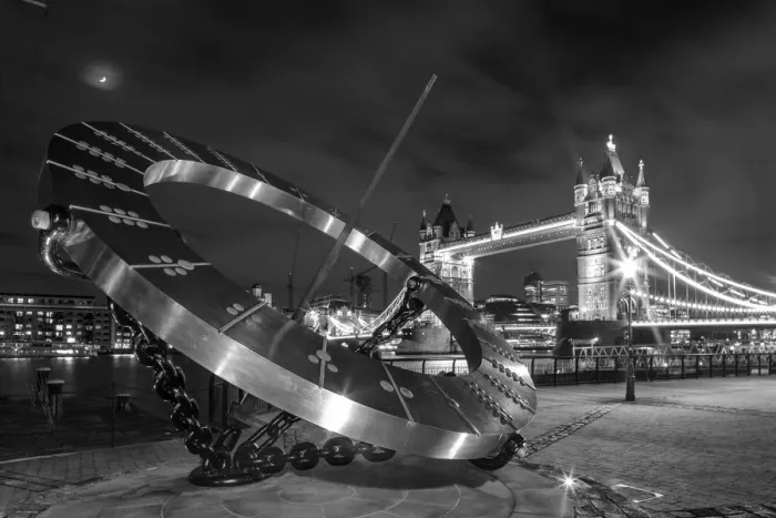 Framed Print : Dazzling. UK, London, view to illuminated Tower Bridge at night. Mono Framed Print : Dazzling. UK, London, view to illuminated Tower Bridge at night. Mono