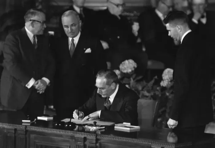 Framed Print : Dean Acheson signs North Atlantic Treaty Framed Print : Dean Acheson signs North Atlantic Treaty
