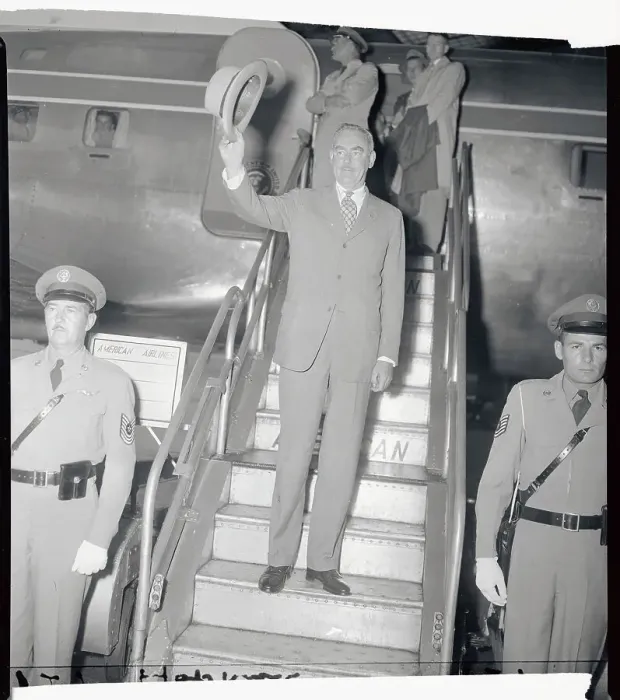 Framed Print : Dean Acheson Waving from Plane Steps Framed Print : Dean Acheson Waving from Plane Steps