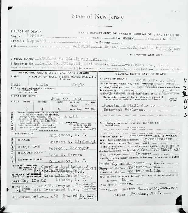 Framed Print : Death Certificate of Lindbergh Baby Framed Print : Death Certificate of Lindbergh Baby