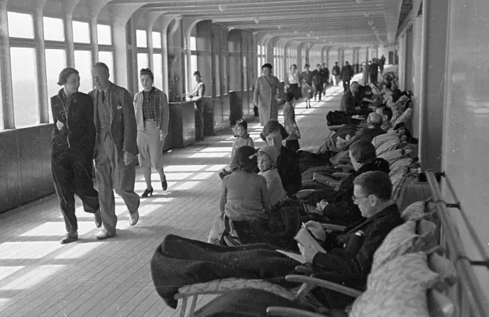 Framed Print : Deck Walk. 12th August 1939: Passengers on board the liner Queen Mary take