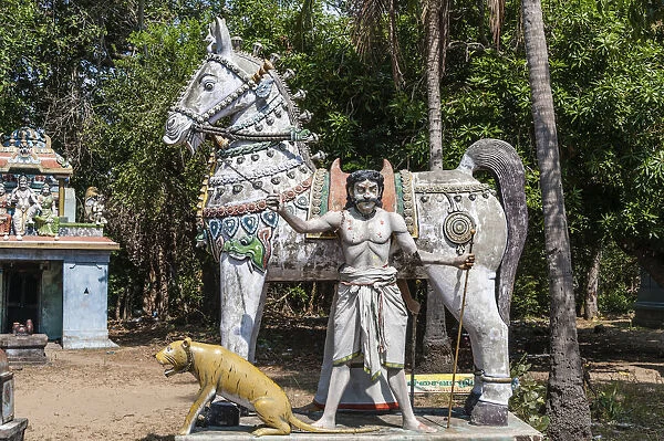 Decorated horse statue statue of the god, temple for the god Madurai Veeran, Mandavi, Tamil Nadu, India