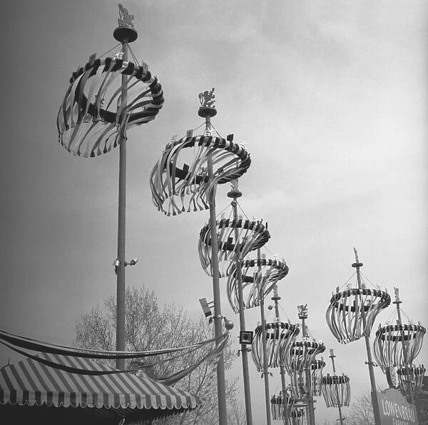 Decorations on poles, (B&W), (high section)