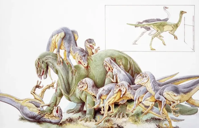Framed Print : Deinonychus antirrhopus, large group violently attacking larger dinosaur Framed Print : Deinonychus antirrhopus, large group violently attacking larger dinosaur