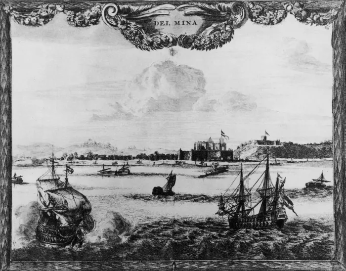 Framed Print : Del Mina. circa 1600: The coastal trading town of Elmina in Ghana Framed Print : Del Mina. circa 1600: The coastal trading town of Elmina in Ghana