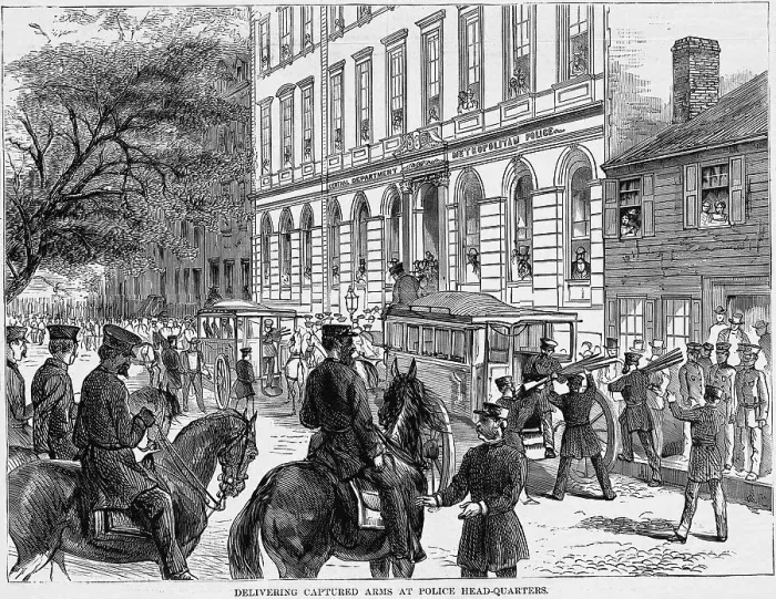 Framed Print : Delivering Captured Arms at Police Headquarters Newspaper Illustration Framed Print : Delivering Captured Arms at Police Headquarters Newspaper Illustration