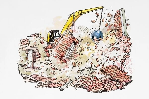 Demolishing a building with a wrecking ball