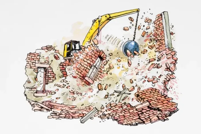 Framed Print : Demolishing a building with a wrecking ball Framed Print : Demolishing a building with a wrecking ball